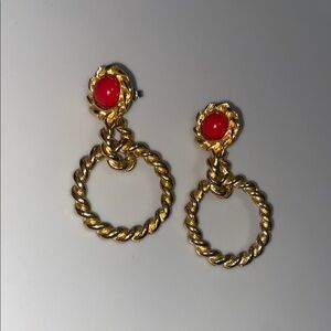 Gold and Red Twisted Hoop Earrings